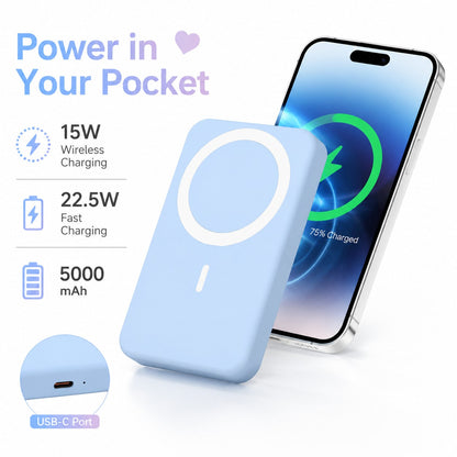 Travel Camping Essentials 5000mAh Magnetic Wireless Power Bank 22.5W Wired Fast Charging 15W Wireless Charging Slim Lightweight Charger LED Battery Indicator Strong Suction Precise Alignment Cable Fre