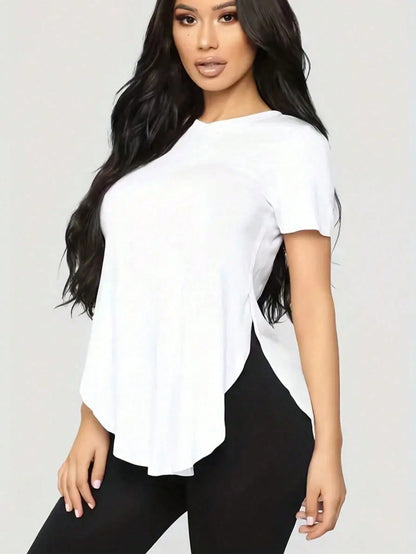 Trioutop Loose Fit Side Slit Round Neck Casual T-Shirt White Summer