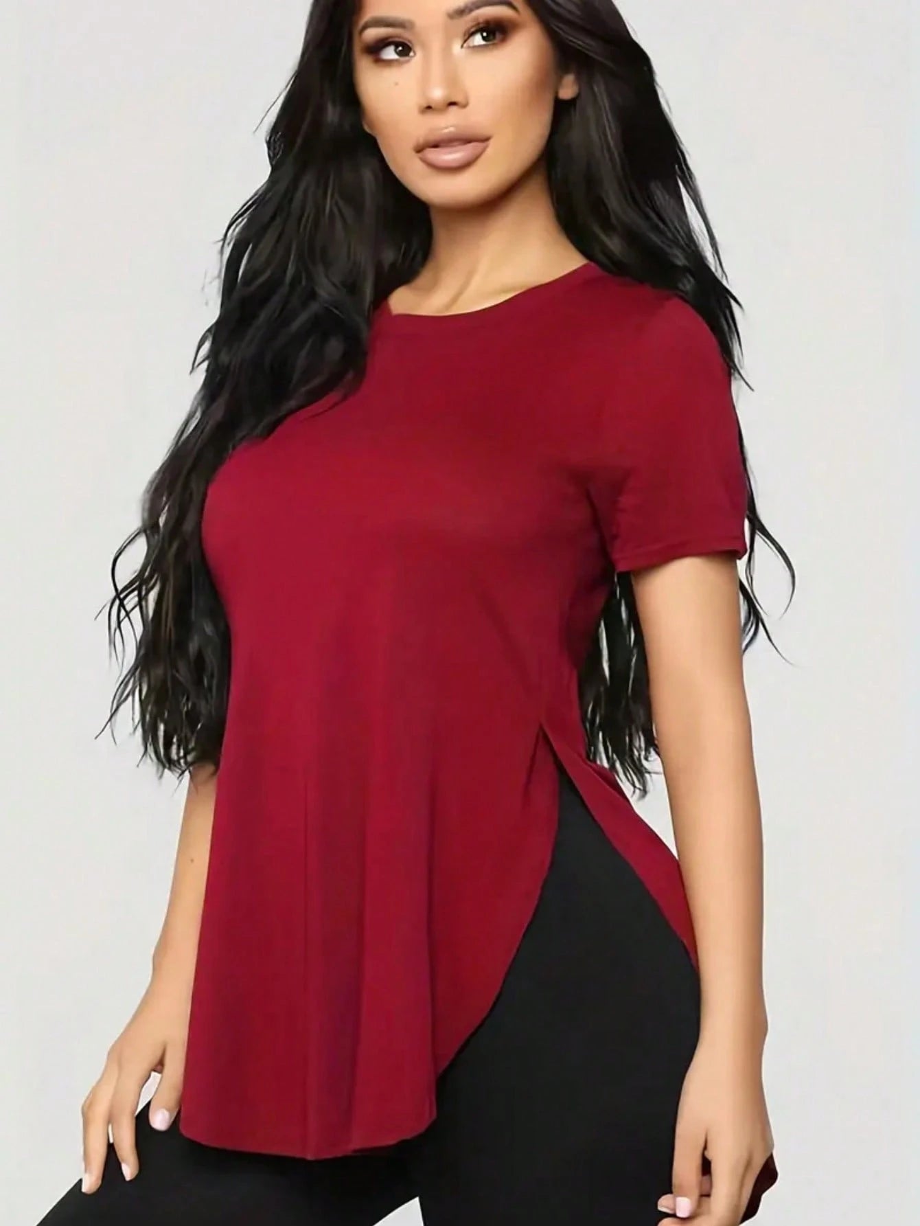 Trioutop Loose Fit Side Slit Round Neck Casual T-Shirt White Summer