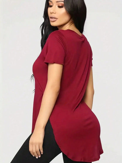 Trioutop Loose Fit Side Slit Round Neck Casual T-Shirt White Summer