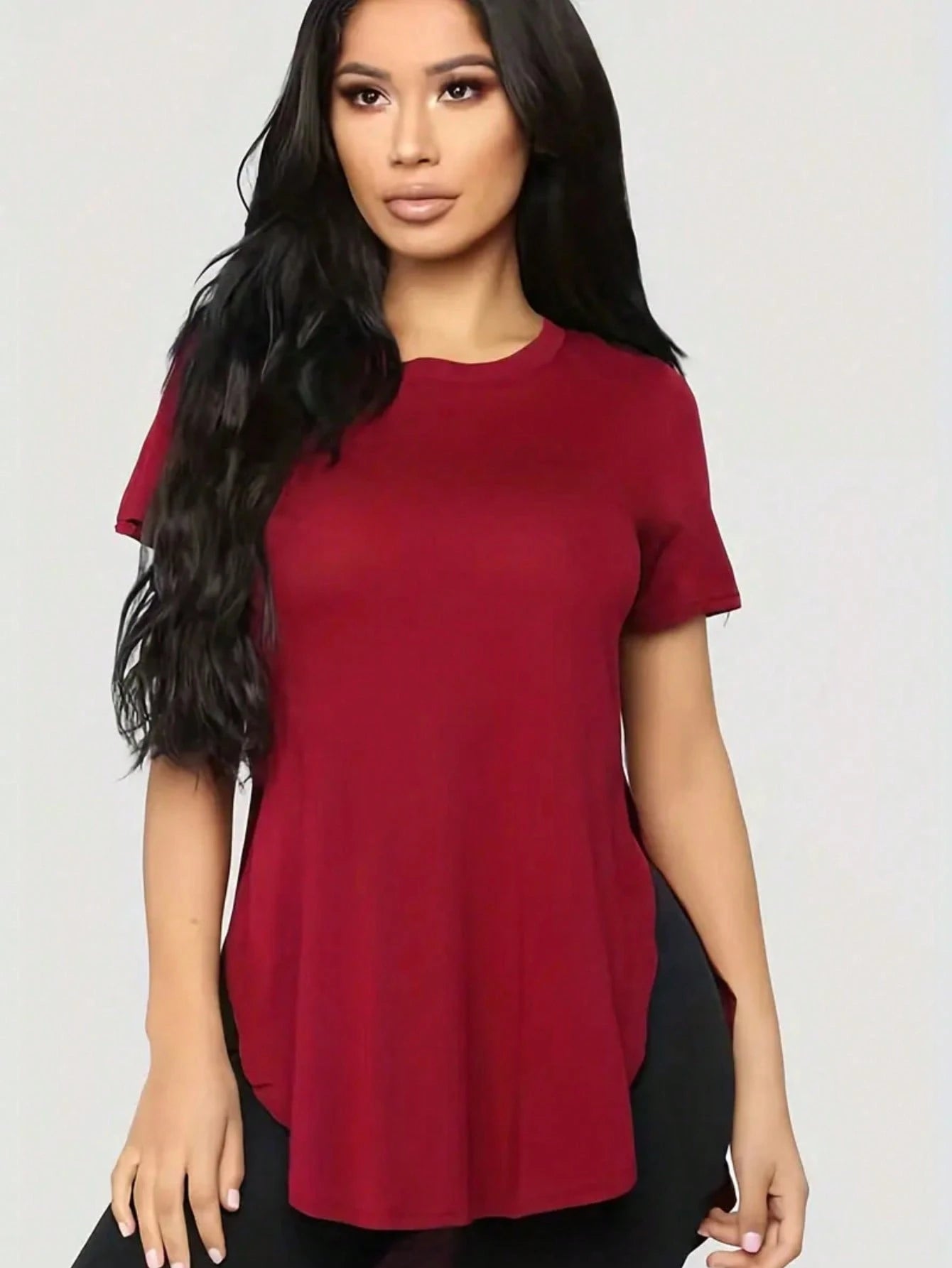 Trioutop Loose Fit Side Slit Round Neck Casual T-Shirt White Summer