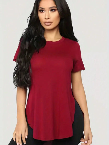 Trioutop Loose Fit Side Slit Round Neck Casual T-Shirt White Summer