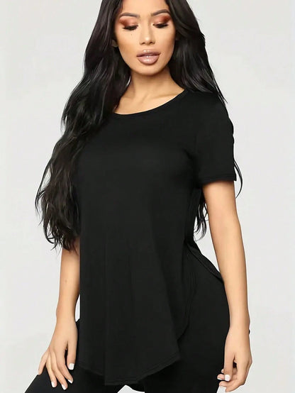 Trioutop Loose Fit Side Slit Round Neck Casual T-Shirt White Summer