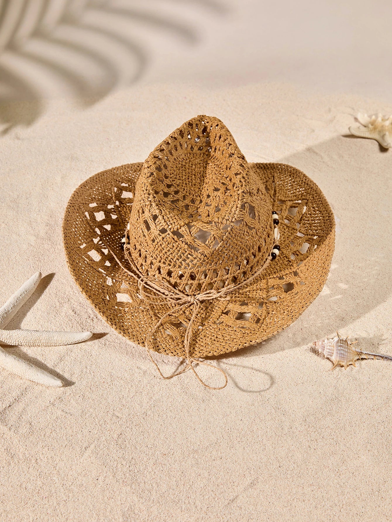 Tropiscape 1pc Bohemian Shell Hollow Out Straw Sun Hat, Western Cowboy