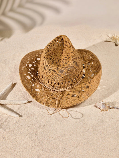 Tropiscape 1pc Bohemian Shell Hollow Out Straw Sun Hat, Western Cowboy