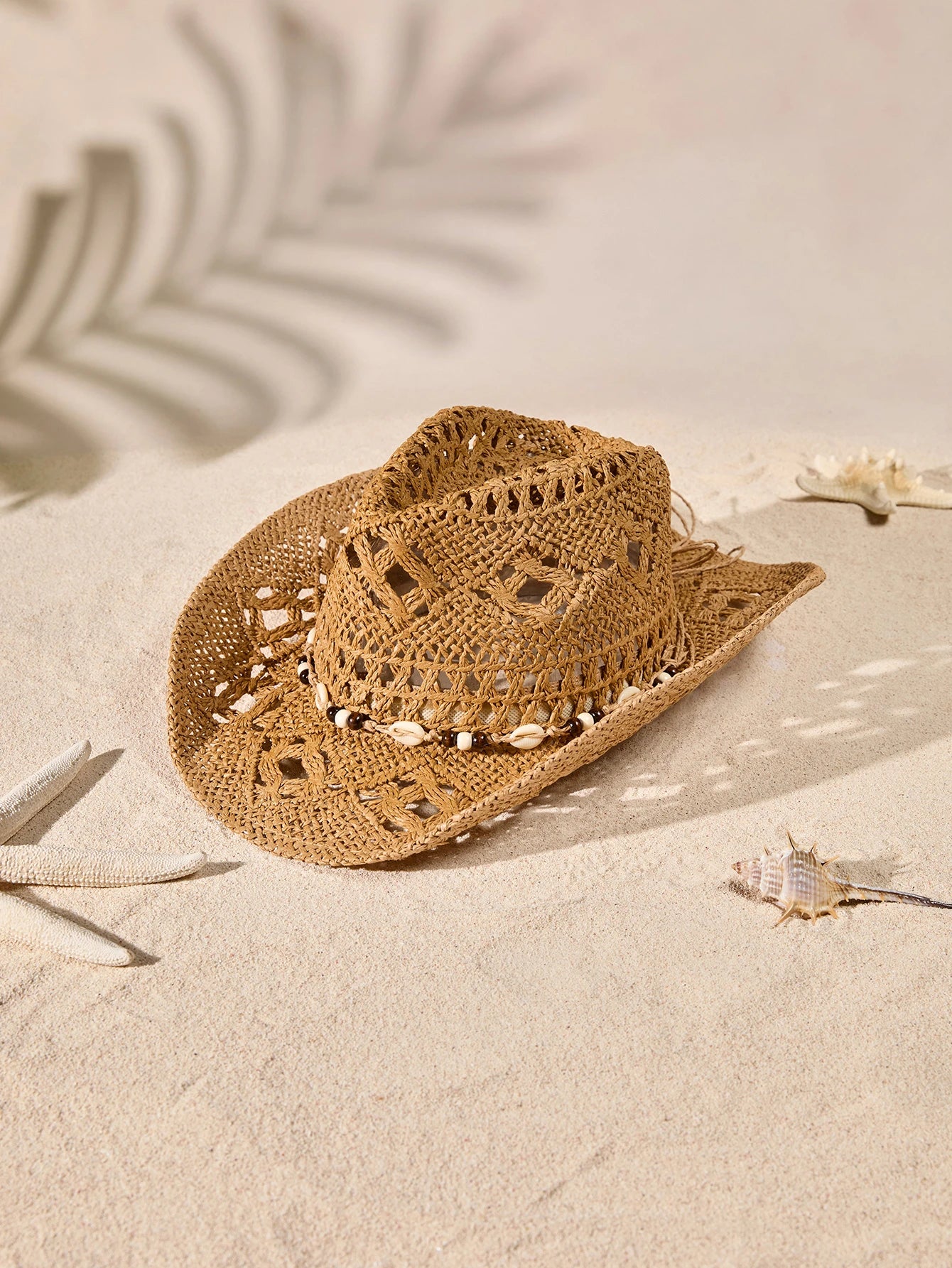 Tropiscape 1pc Bohemian Shell Hollow Out Straw Sun Hat, Western Cowboy