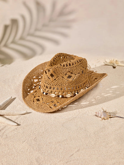 Tropiscape 1pc Bohemian Shell Hollow Out Straw Sun Hat, Western Cowboy