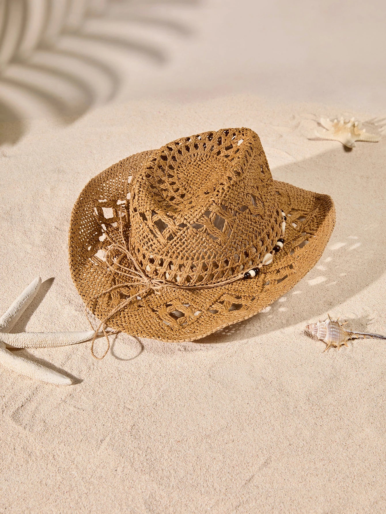 Tropiscape 1pc Bohemian Shell Hollow Out Straw Sun Hat, Western Cowboy