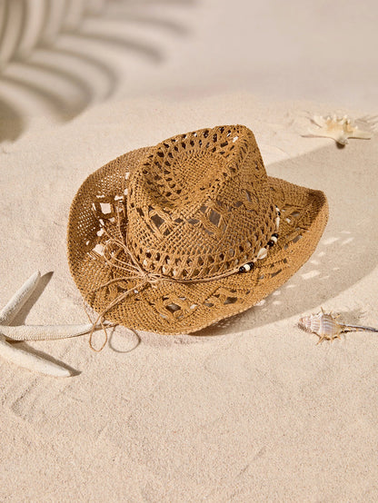 Tropiscape 1pc Bohemian Shell Hollow Out Straw Sun Hat, Western Cowboy