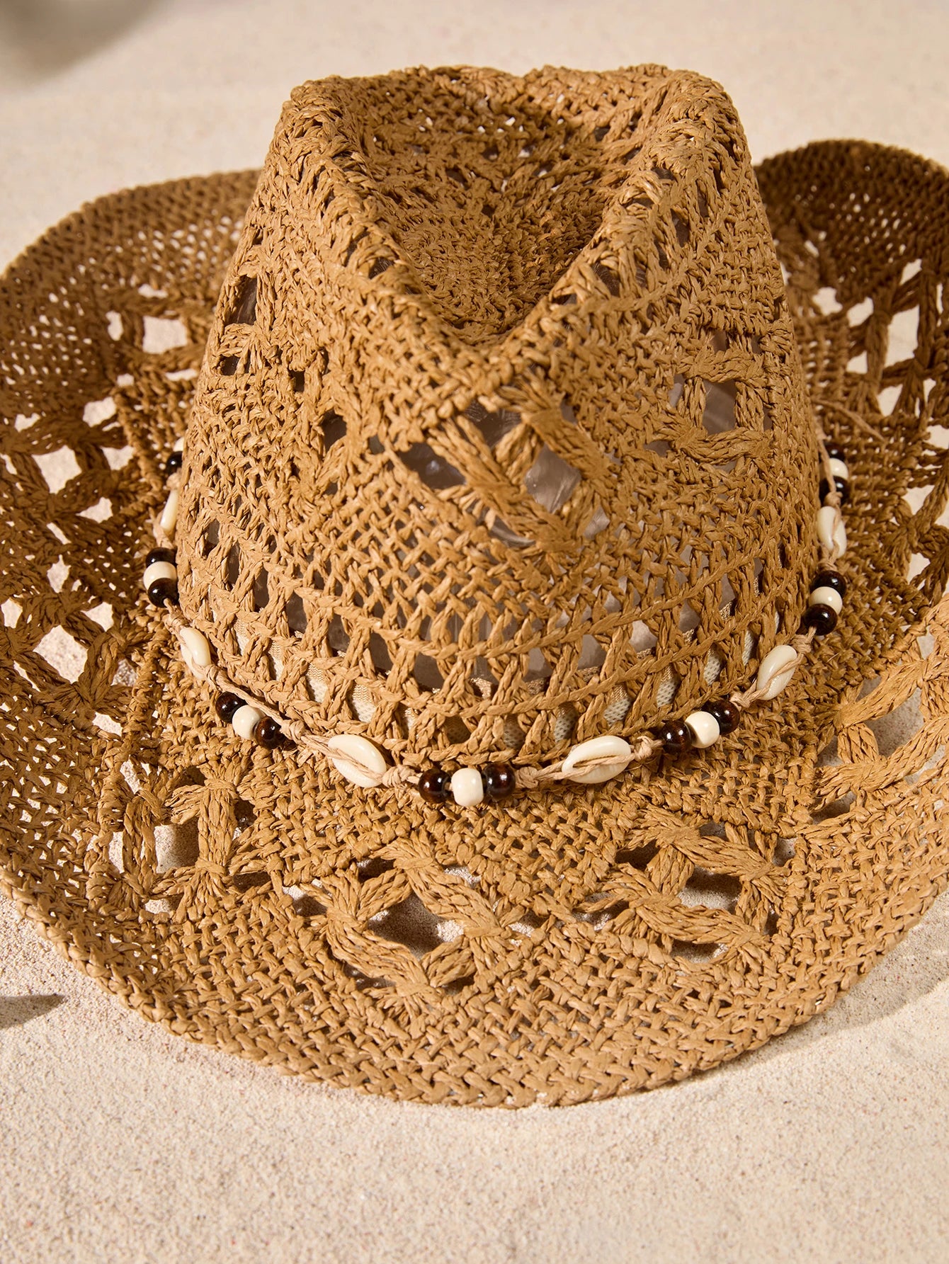 Tropiscape 1pc Bohemian Shell Hollow Out Straw Sun Hat, Western Cowboy