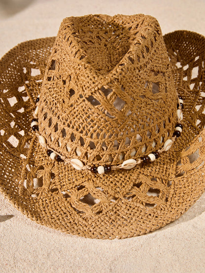 Tropiscape 1pc Bohemian Shell Hollow Out Straw Sun Hat, Western Cowboy