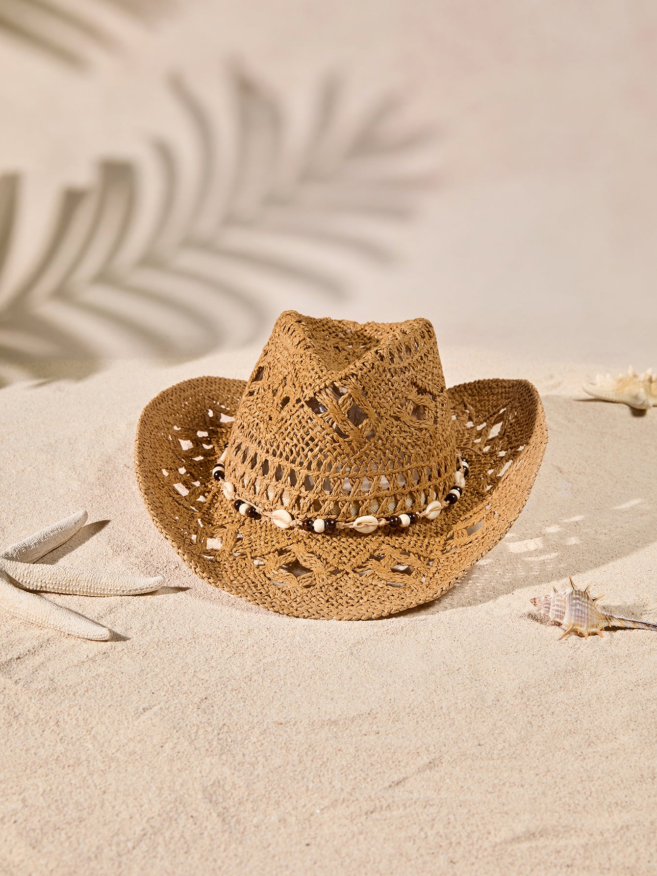 Tropiscape 1pc Bohemian Shell Hollow Out Straw Sun Hat, Western Cowboy