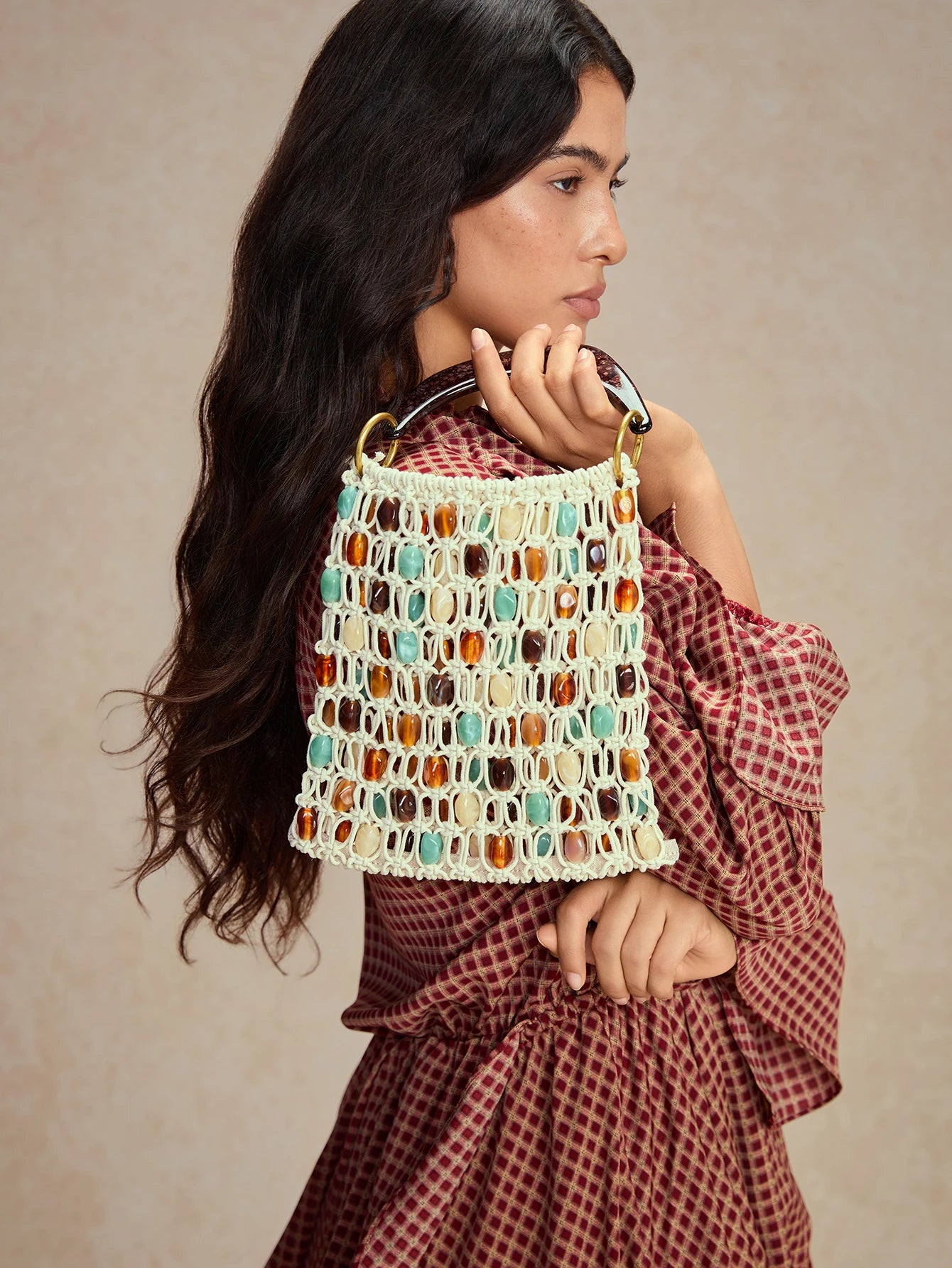 Tropiscape 1pc Handmade Rope Beaded Tote Bag, Vacation Beach Net Bag, Resin Handle Niche Design Tote Bag, Bohemian Hollow Out Bag