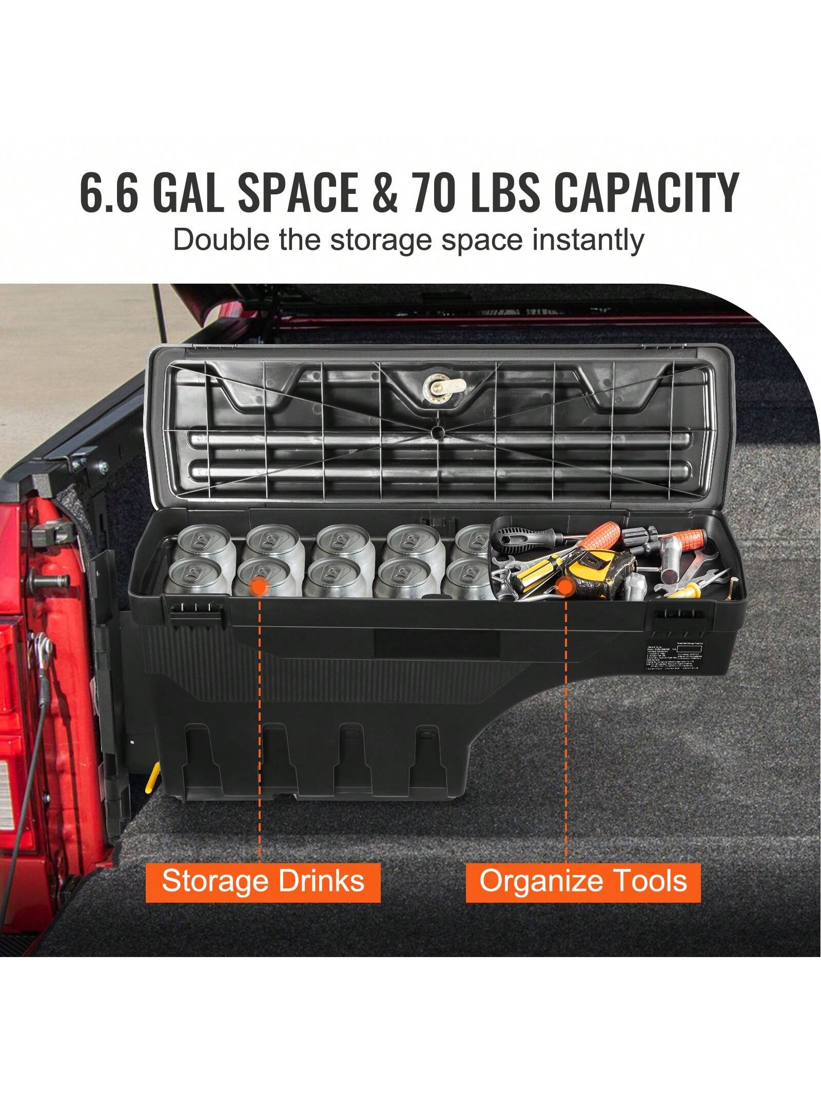 Truck Bed Storage Box, Lockable Lid, Waterproof ABS Wheel Well Tool Box 6.6 Gallon/20 Liter, For Chevrolet 1500 GMC Sierra 1500 2019-2020, Driver Or Passenger Side, Black
