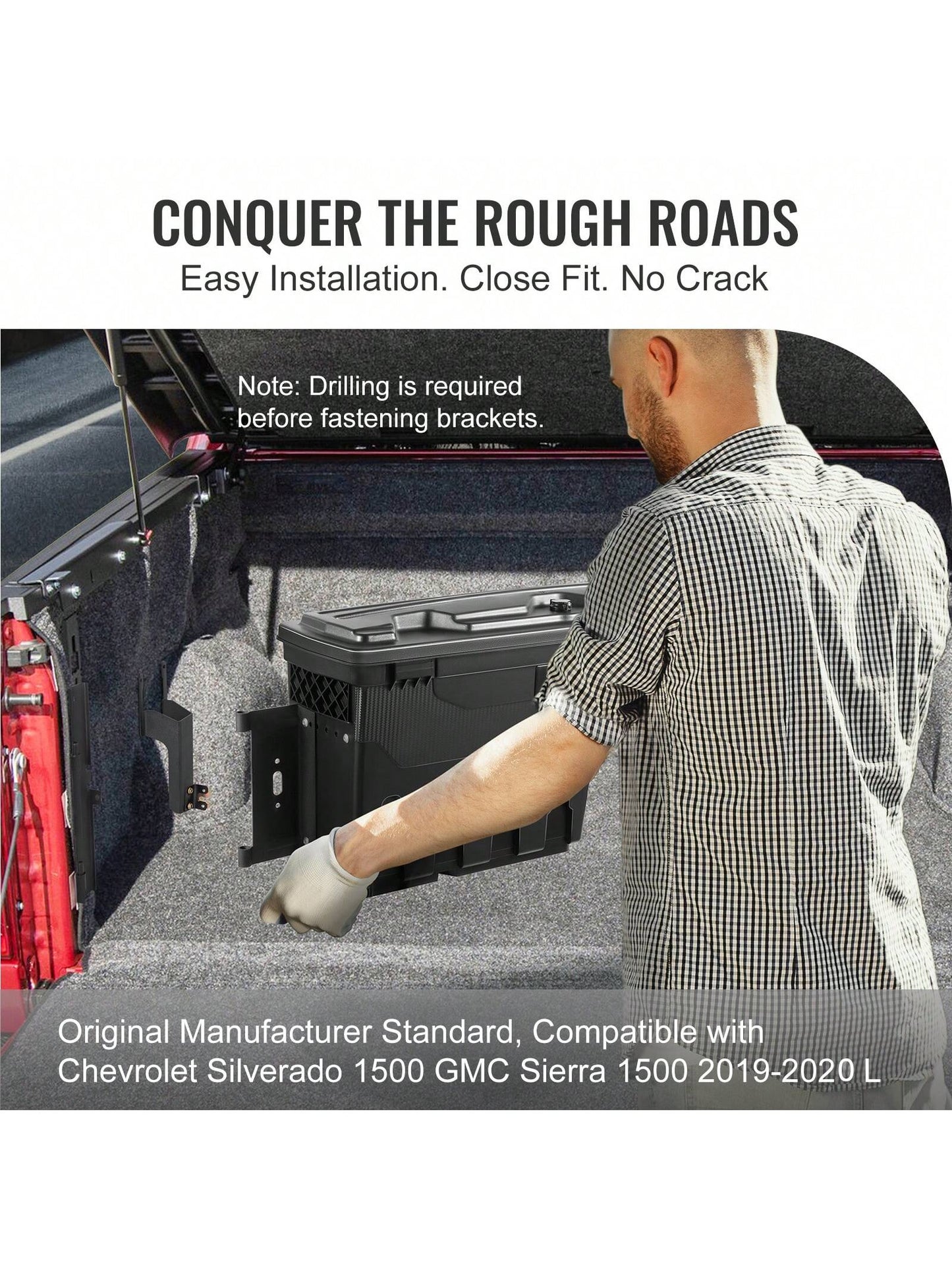 Truck Bed Storage Box, Lockable Lid, Waterproof ABS Wheel Well Tool Box 6.6 Gallon/20 Liter, For Chevrolet 1500 GMC Sierra 1500 2019-2020, Driver Or Passenger Side, Black