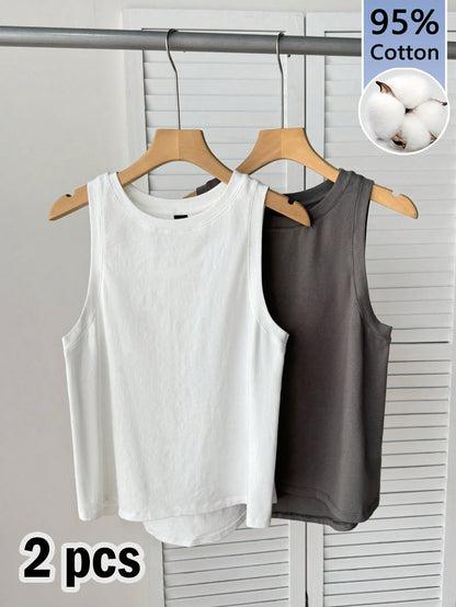 Tseoso 2 Packs Women's 95% Cotton Tank Tops- Black/White, Round Neck, Slim Fit, Softgirl, Sporty Casual