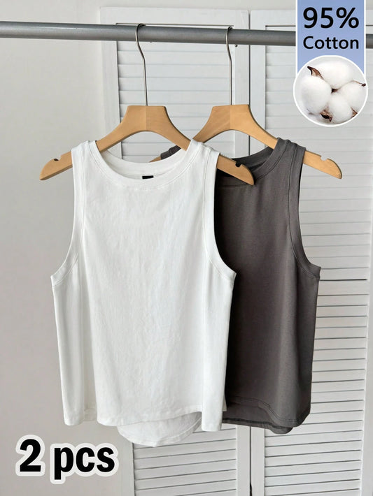 Tseoso 2 Packs Women's 95% Cotton Tank Tops- Black/White, Round Neck, Slim Fit, Softgirl, Sporty Casual