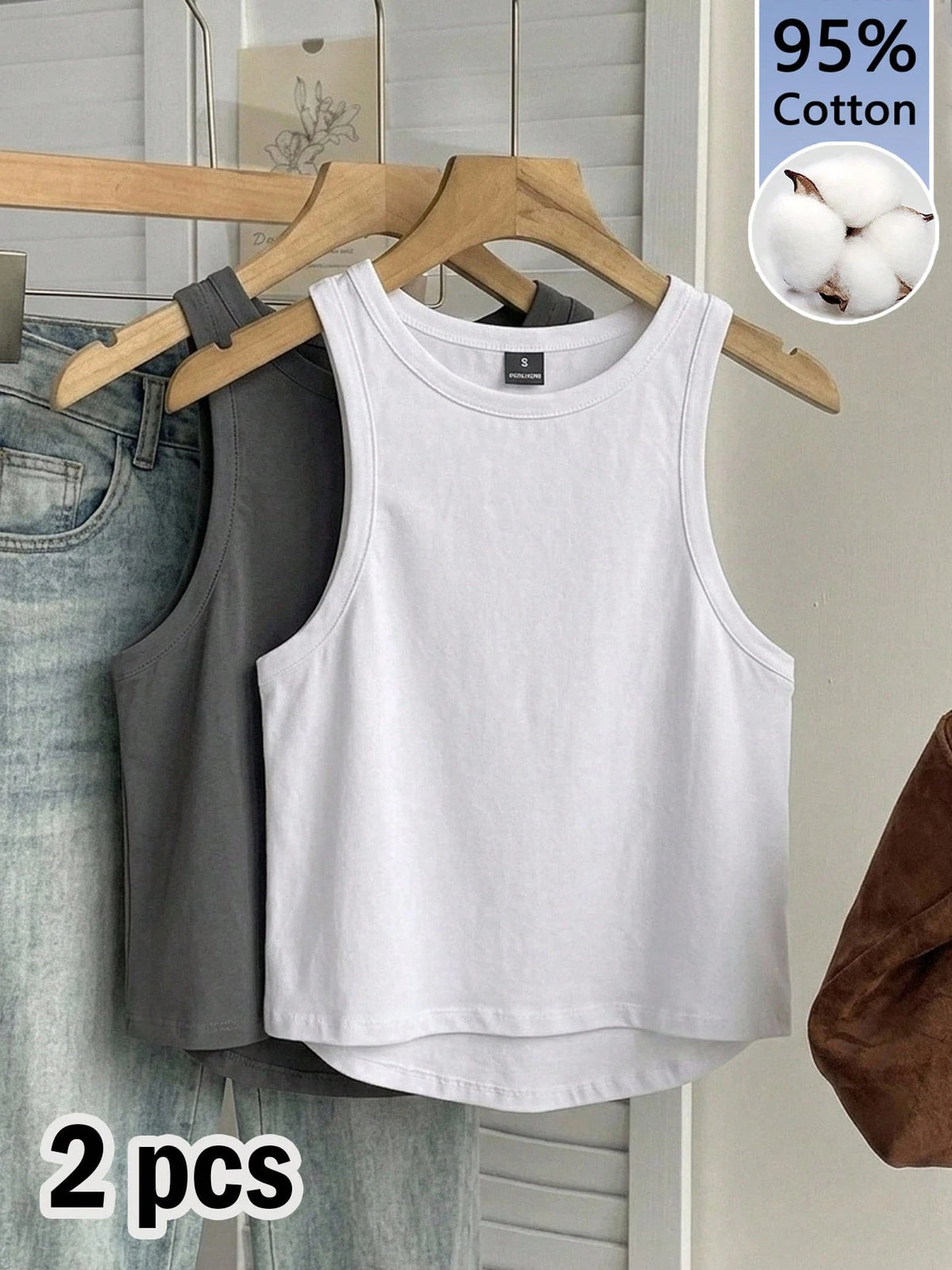 Tseoso 2 Packs Women's 95% Cotton Tank Tops- Black/White, Round Neck, Slim Fit, Softgirl, Sporty Casual