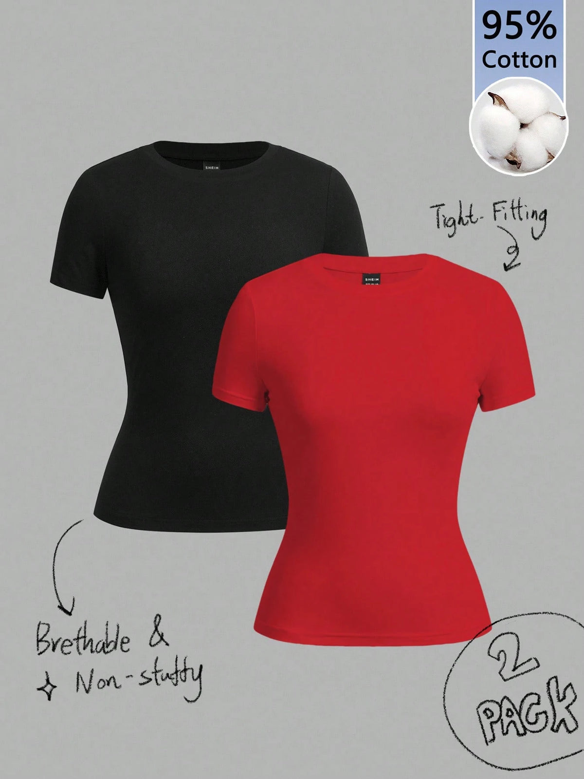 Tseoso 2pcs Black & Red Casual Minimalist Crew Neck Short Sleeve Basic Tees, Suitable For Spring/Summer