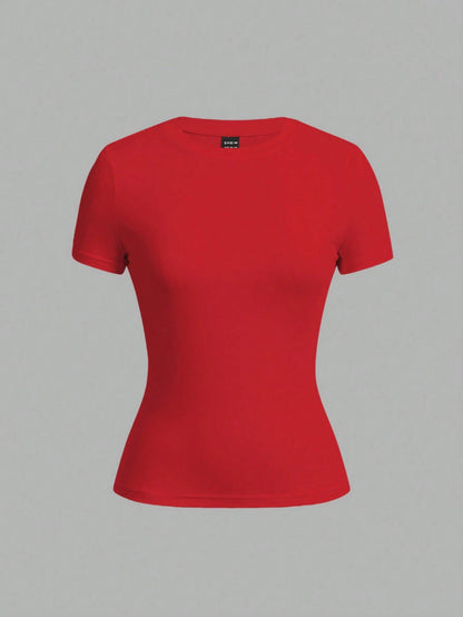 Tseoso 2pcs Black & Red Casual Minimalist Crew Neck Short Sleeve Basic Tees, Suitable For Spring/Summer