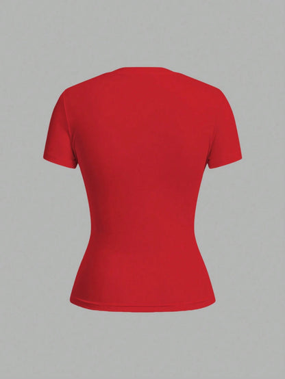 Tseoso 2pcs Black & Red Casual Minimalist Crew Neck Short Sleeve Basic Tees, Suitable For Spring/Summer