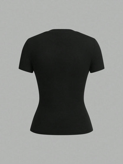 Tseoso 2pcs Black & Red Casual Minimalist Crew Neck Short Sleeve Basic Tees, Suitable For Spring/Summer