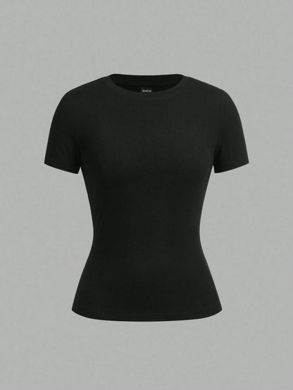 Tseoso 2pcs Black & Red Casual Minimalist Crew Neck Short Sleeve Basic Tees, Suitable For Spring/Summer