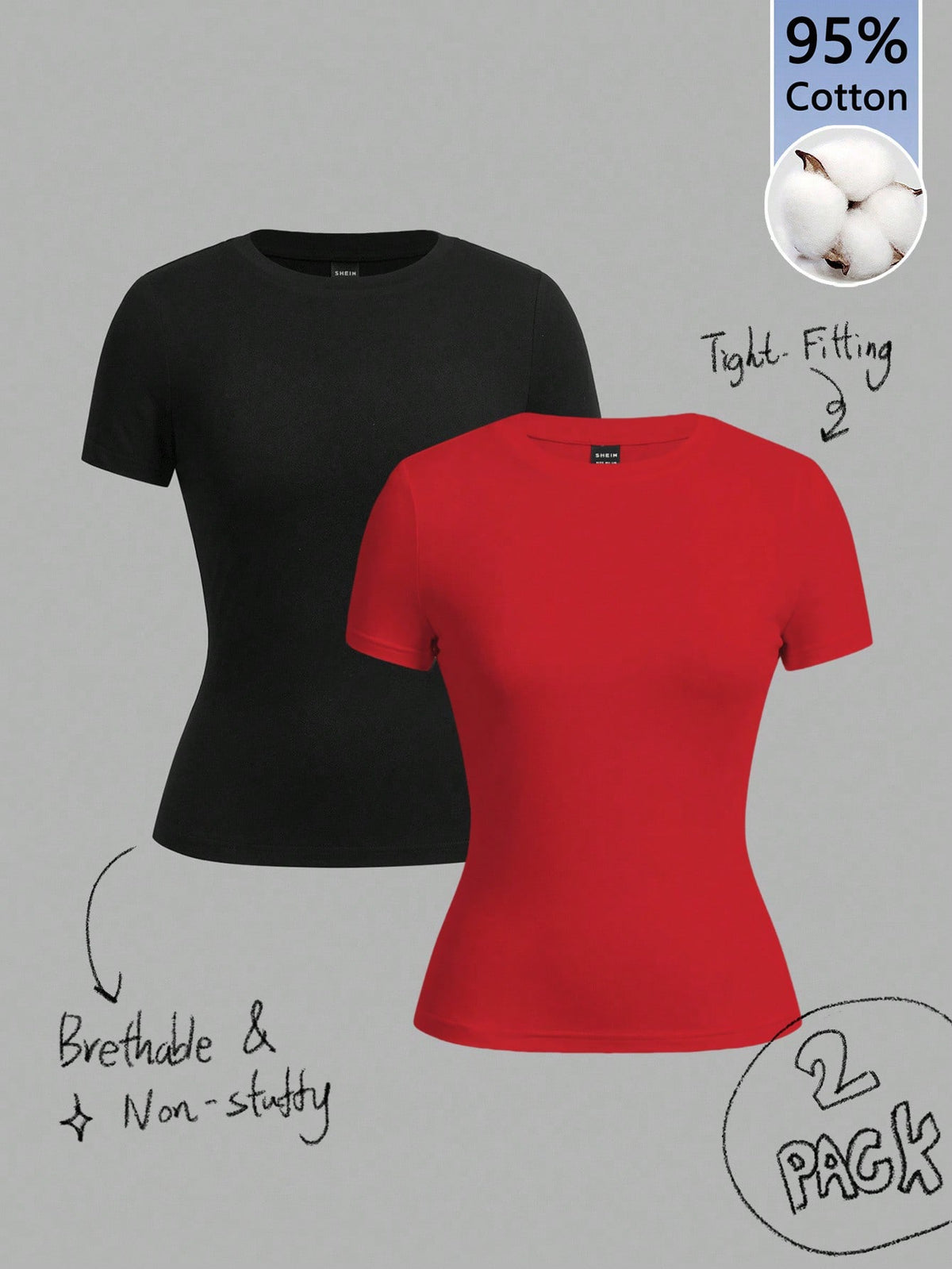 Tseoso 2pcs Black & Red Casual Minimalist Crew Neck Short Sleeve Basic Tees, Suitable For Spring/Summer