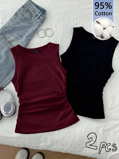 Tseoso 2pcs/Set Women Casual Minimalist Round Neck Tight Fitting Camisole, Suitable For Summer,Summer Top Everyday Burgundy Black