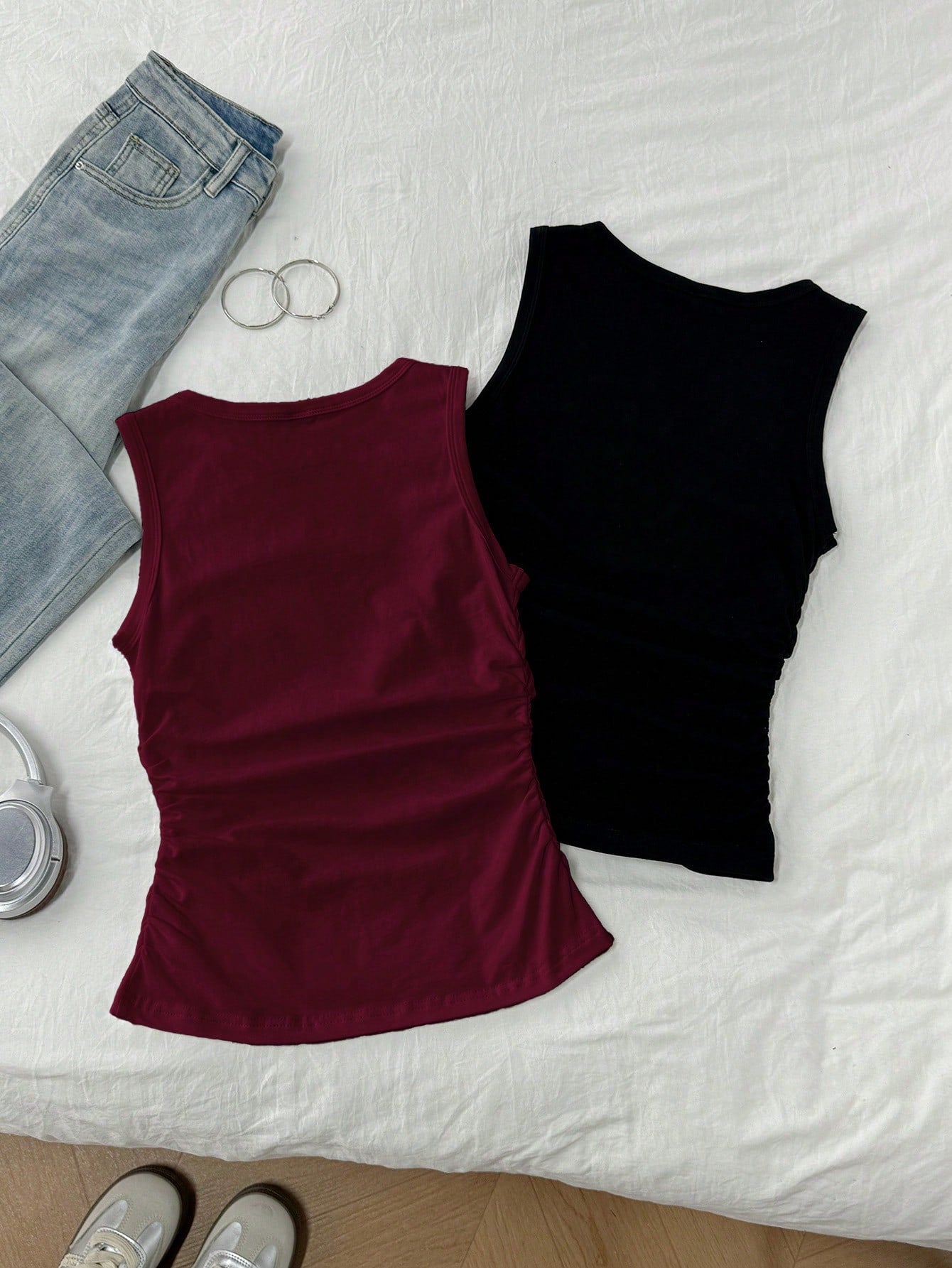 Tseoso 2pcs/Set Women Casual Minimalist Round Neck Tight Fitting Camisole, Suitable For Summer,Summer Top Everyday Burgundy Black