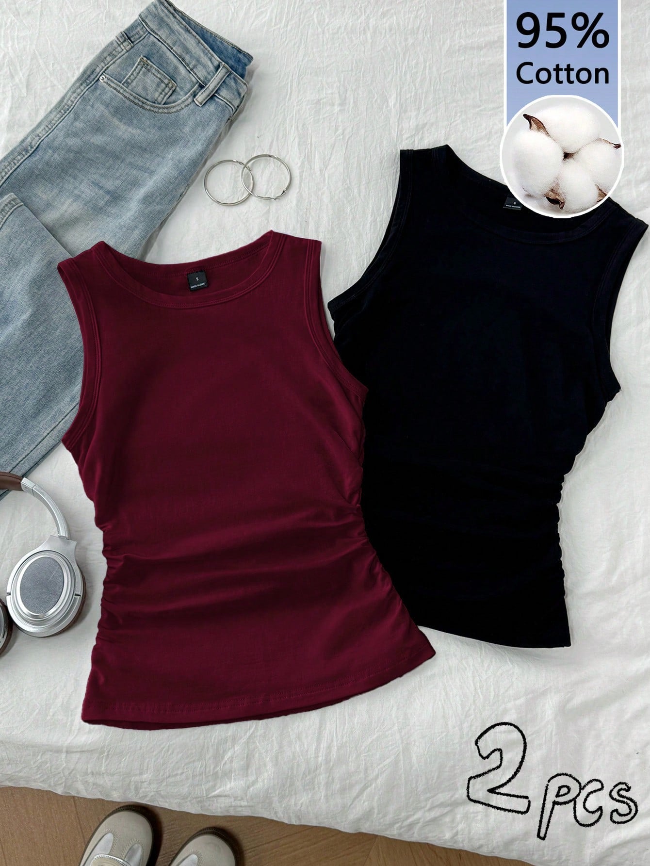 Tseoso 2pcs/Set Women Casual Minimalist Round Neck Tight Fitting Camisole, Suitable For Summer,Summer Top Everyday Burgundy Black