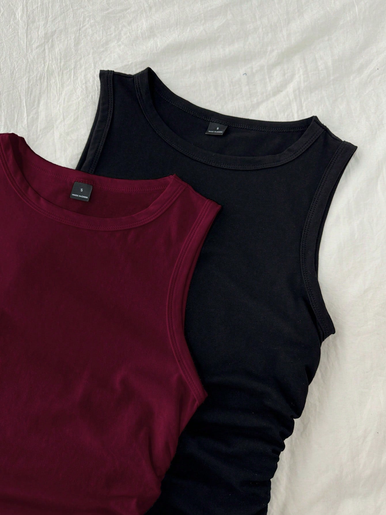 Tseoso 2pcs/Set Women Casual Minimalist Round Neck Tight Fitting Camisole, Suitable For Summer,Summer Top Everyday Burgundy Black