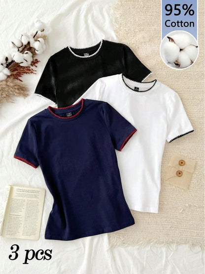 Tseoso 3pcs Set Women's 95% Cotton Herringbone Embroidery Slim Fit Round Neck Tee Shirt,Navy And White,Summer,Casual,Everyday Chic Beach Vacation Top Set