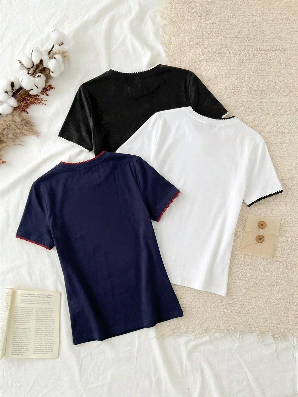 Tseoso 3pcs Set Women's 95% Cotton Herringbone Embroidery Slim Fit Round Neck Tee Shirt,Navy And White,Summer,Casual,Everyday Chic Beach Vacation Top Set