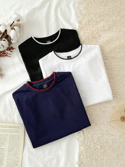 Tseoso 3pcs Set Women's 95% Cotton Herringbone Embroidery Slim Fit Round Neck Tee Shirt,Navy And White,Summer,Casual,Everyday Chic Beach Vacation Top Set