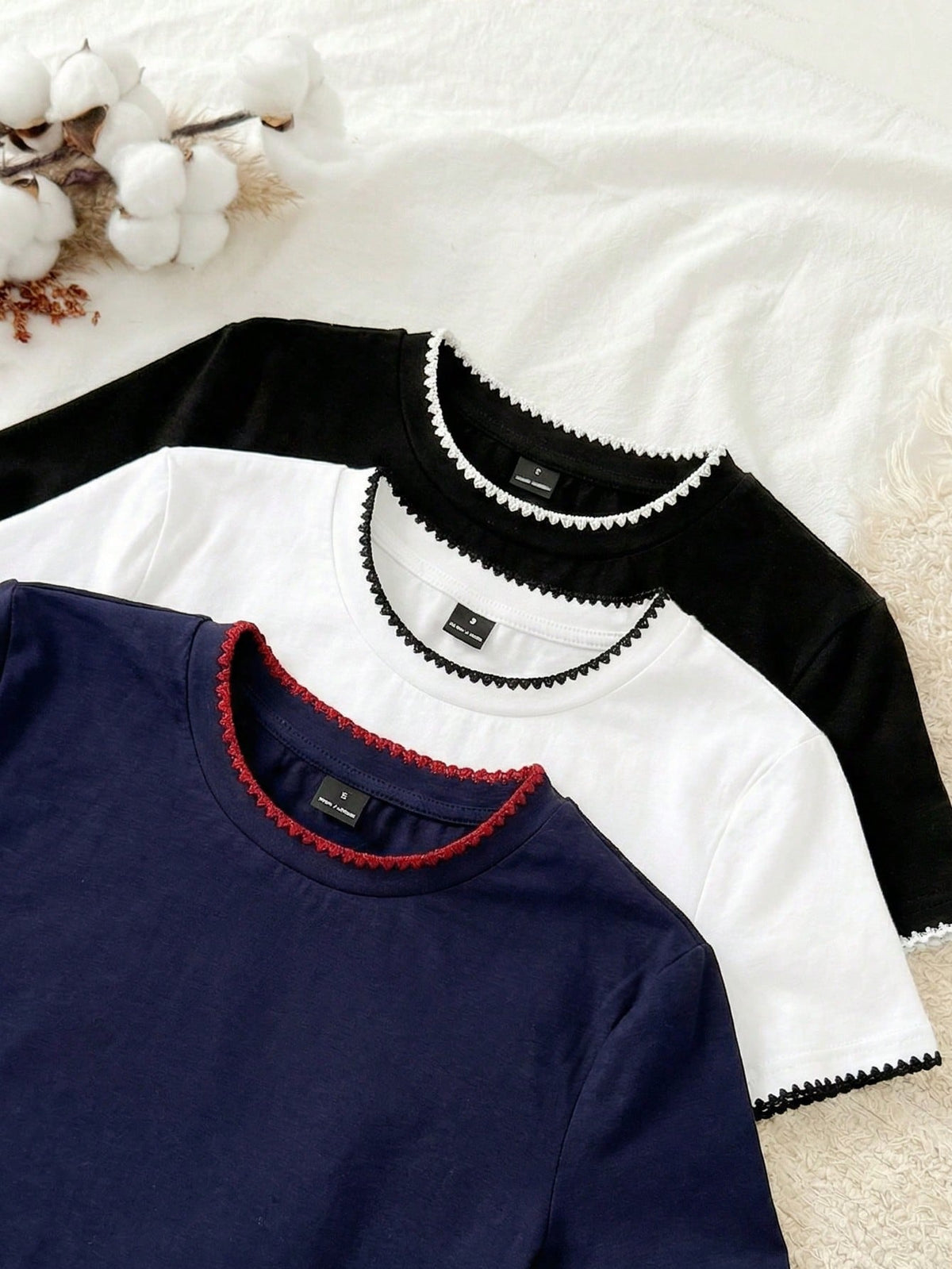 Tseoso 3pcs Set Women's 95% Cotton Herringbone Embroidery Slim Fit Round Neck Tee Shirt,Navy And White,Summer,Casual,Everyday Chic Beach Vacation Top Set