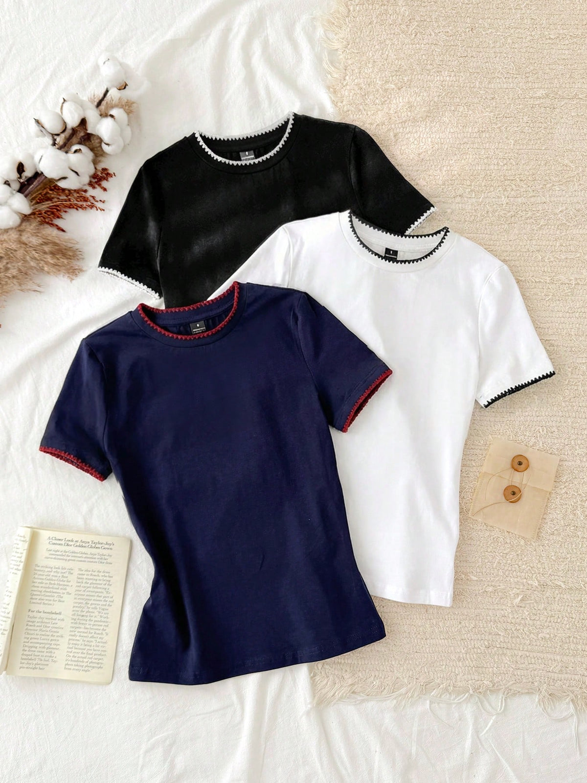Tseoso 3pcs Set Women's 95% Cotton Herringbone Embroidery Slim Fit Round Neck Tee Shirt,Navy And White,Summer,Casual,Everyday Chic Beach Vacation Top Set