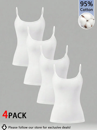 Tseoso 95% Cotton White Camisole Tank Top 4-Piece Set Suitable For Summer