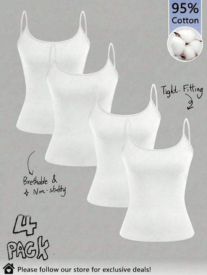 Tseoso 95% Cotton White Camisole Tank Top 4-Piece Set Suitable For Summer