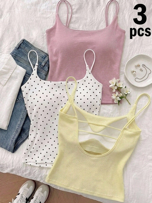 Tseoso Women's 3 Packs Cami Tops W/Padded Bra, Pink, Yellow & Black Dot, Y2K Retro, Clean Girl, Summer.