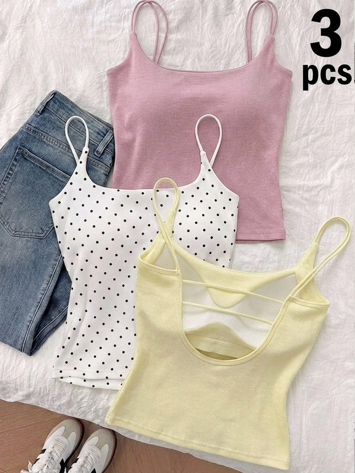 Tseoso Women's 3 Packs Cami Tops W/Padded Bra, Pink, Yellow & Black Dot, Y2K Retro, Clean Girl, Summer.