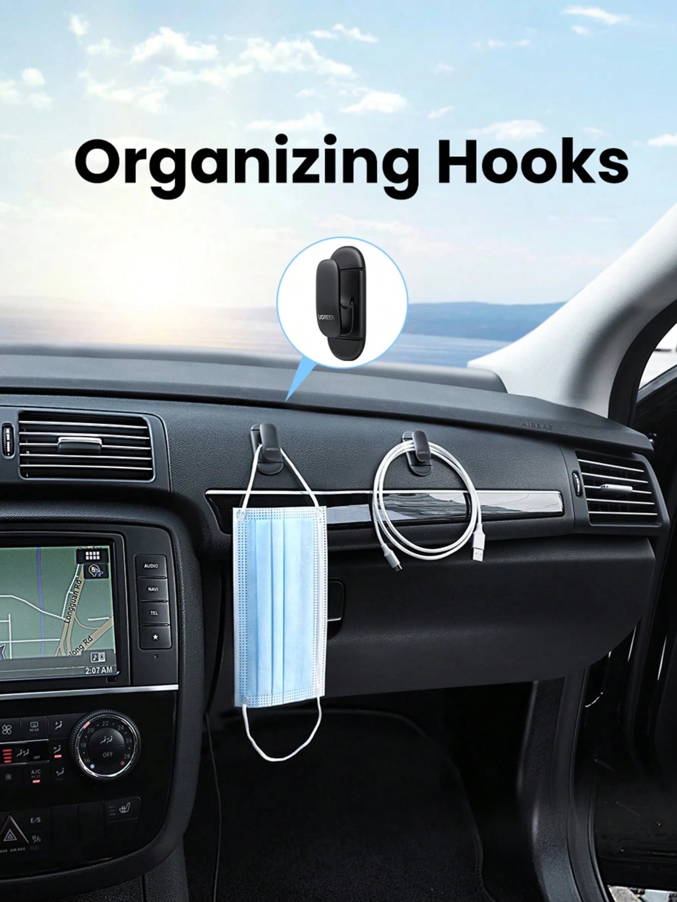 UGREEN 2pcs Car Hooks Hangers Fastener Clip Organizer For Car Home Office Key Bag Headphone USB Charger Cable Management Hook Holder