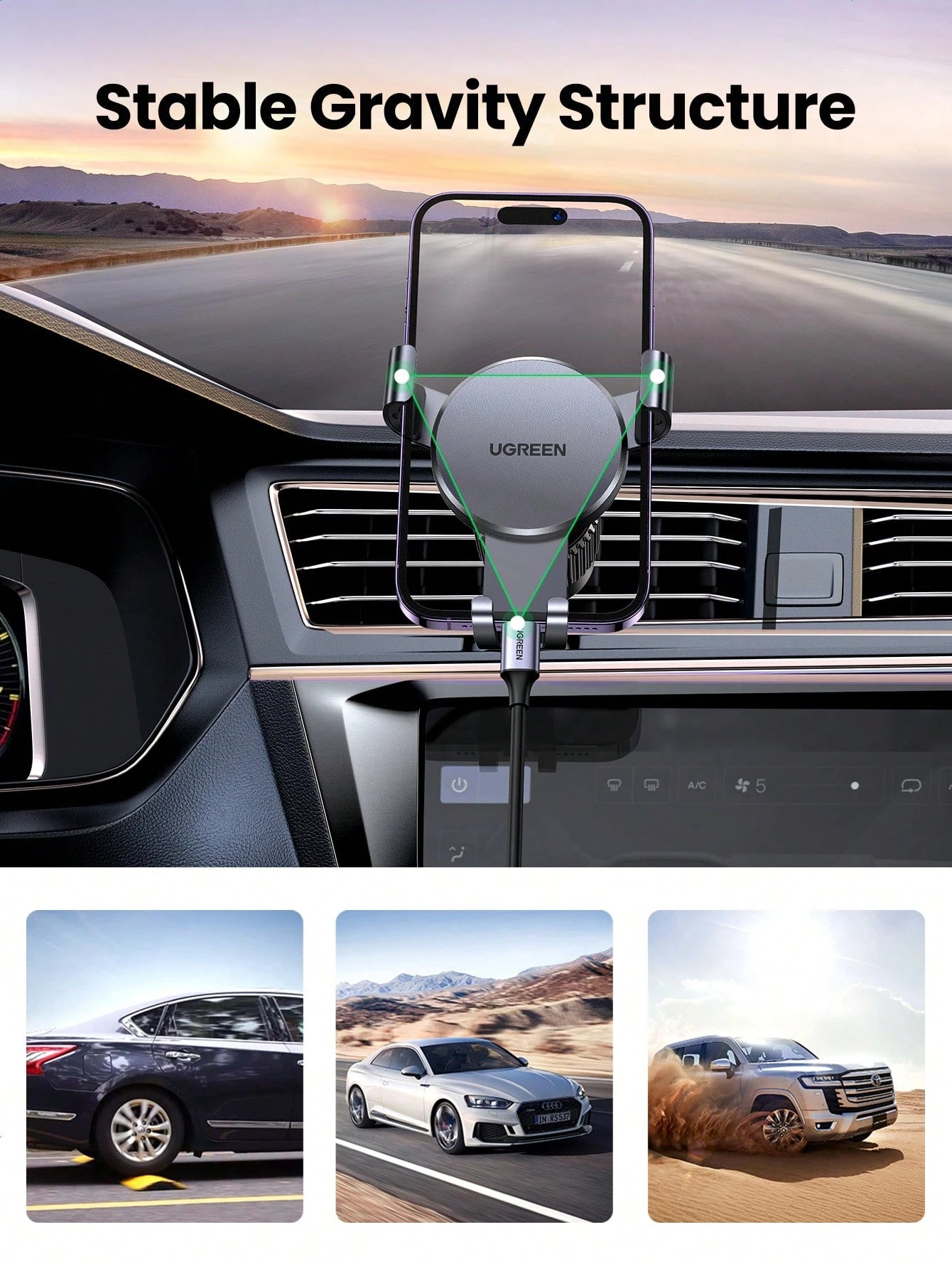 UGREEN Car Vent Phone Mount Gravity Phone Holder Hands-Free Car Air Vent Mount Auto Lock Compatible With IPhone 16 15 14 13 Pro Max Galaxy S22 S9 S10 Realme Phone Holder