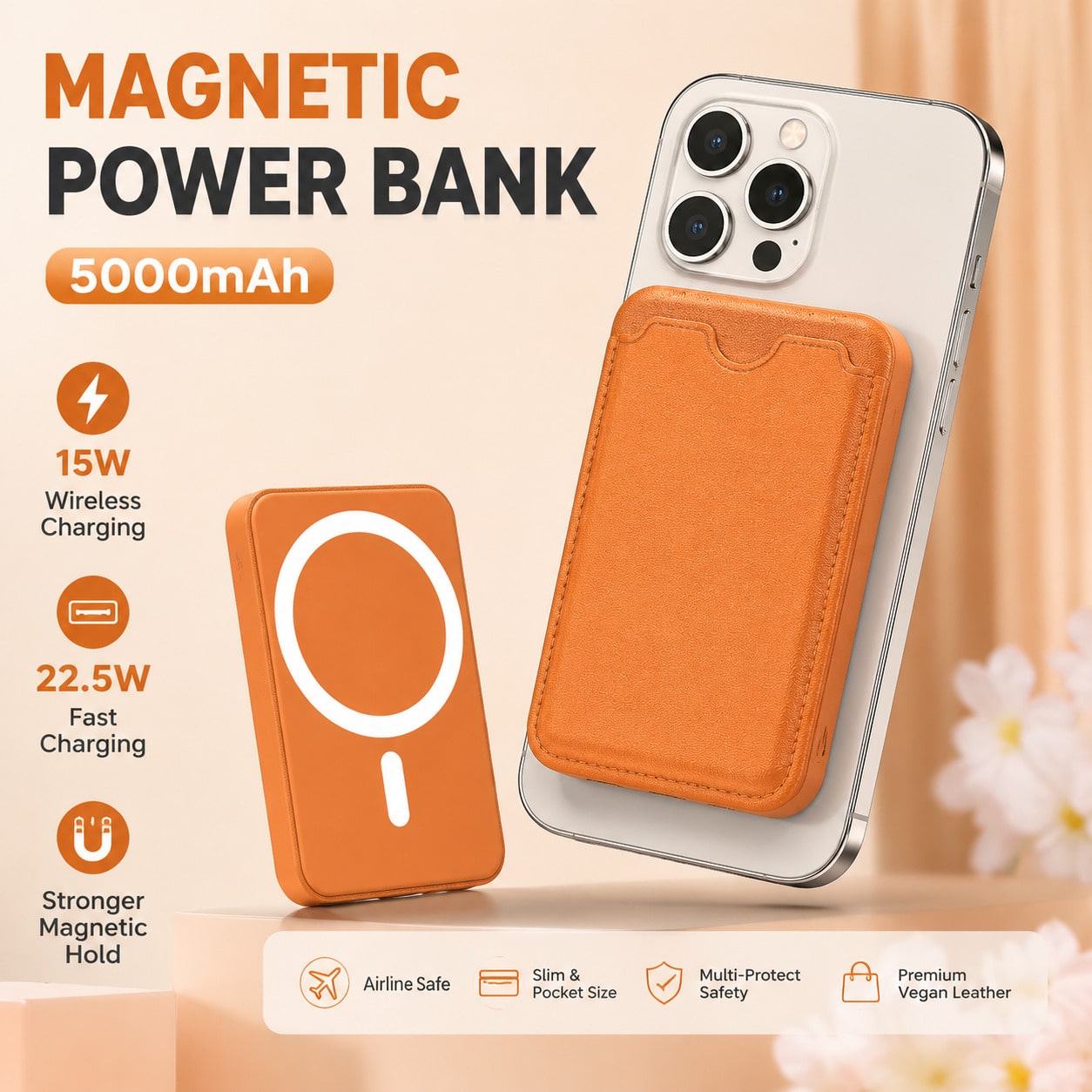 Ultra Compact Magnetic Wireless Power Bank 5000mAh With Built-In Wallet Card Slot 15W Magnetic Wireless Charging 20W PD Fast Charging Slim Fit Phone Charger Battery Protection Compatible With IPhone 1