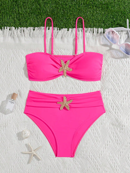 Unique Solid Starfish Print Bikini, Slimming Tummy Control, Comfy Chic Accents, Elegant Vacation Swimwear For Beach & Pool Parties Summer