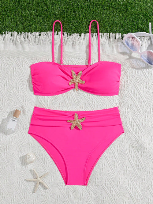 Unique Solid Starfish Print Bikini, Slimming Tummy Control, Comfy Chic Accents, Elegant Vacation Swimwear For Beach & Pool Parties Summer
