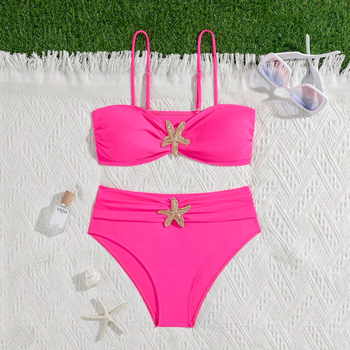Unique Solid Starfish Print Bikini, Slimming Tummy Control, Comfy Chic Accents, Elegant Vacation Swimwear For Beach & Pool Parties Summer
