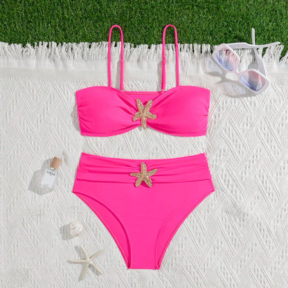 Unique Solid Starfish Print Bikini, Slimming Tummy Control, Comfy Chic Accents, Elegant Vacation Swimwear For Beach & Pool Parties Summer