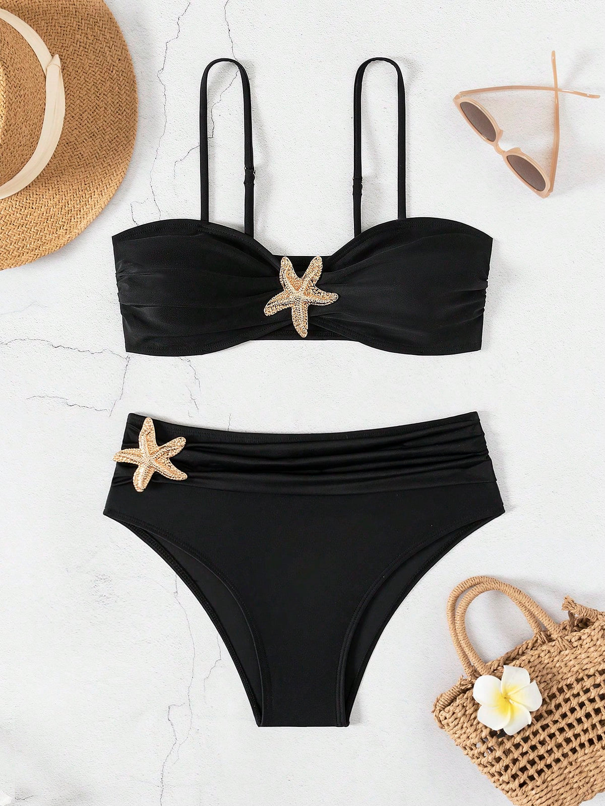 Unique Solid Starfish Print Bikini, Slimming Tummy Control, Comfy Chic Accents, Elegant Vacation Swimwear For Beach & Pool Parties Summer