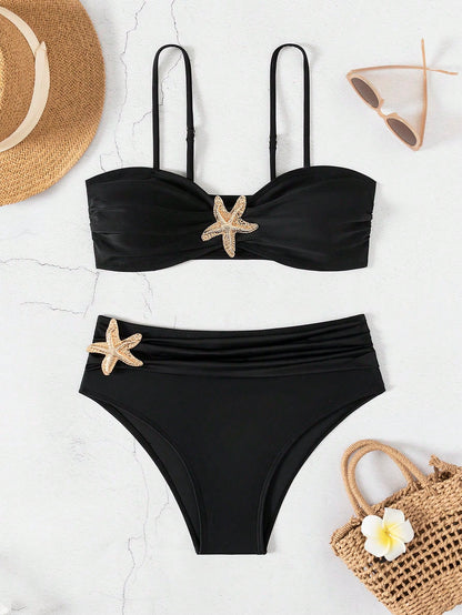 Unique Solid Starfish Print Bikini, Slimming Tummy Control, Comfy Chic Accents, Elegant Vacation Swimwear For Beach & Pool Parties Summer